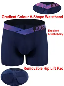 Jockmail Butt Lifting Fake Buttocks Removable Hip Pads Breathable Mesh Long Leg Boxer Brief Underwear, Club Fitness Shaping Men's Underpants