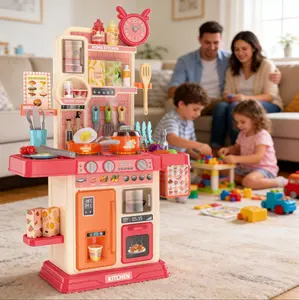 Kids Pretend Play Kitchen Toy 45PCS – Cooking Set with Steam, Lights, Sound & Sink, Interactive Role Play Toy, Montessori Learning, Screen-Free Parent-Child Fun for Toddlers