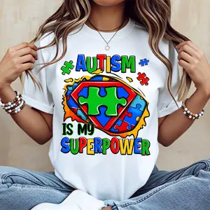 Autism Is My Superpower Puzzle Piece Superman Logo Print Tshirt Casual Round Neck Short Sleeve Tee For Women And Men Autism Awareness Gift Daily Wear