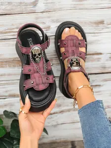 Summer New Fashion Gothic Skull Rivet Thick Sole Sandals Women, Rivet Design Sandals, Punk Platform One Strap Roman Beach Shoes, Stylish and Comfortable
