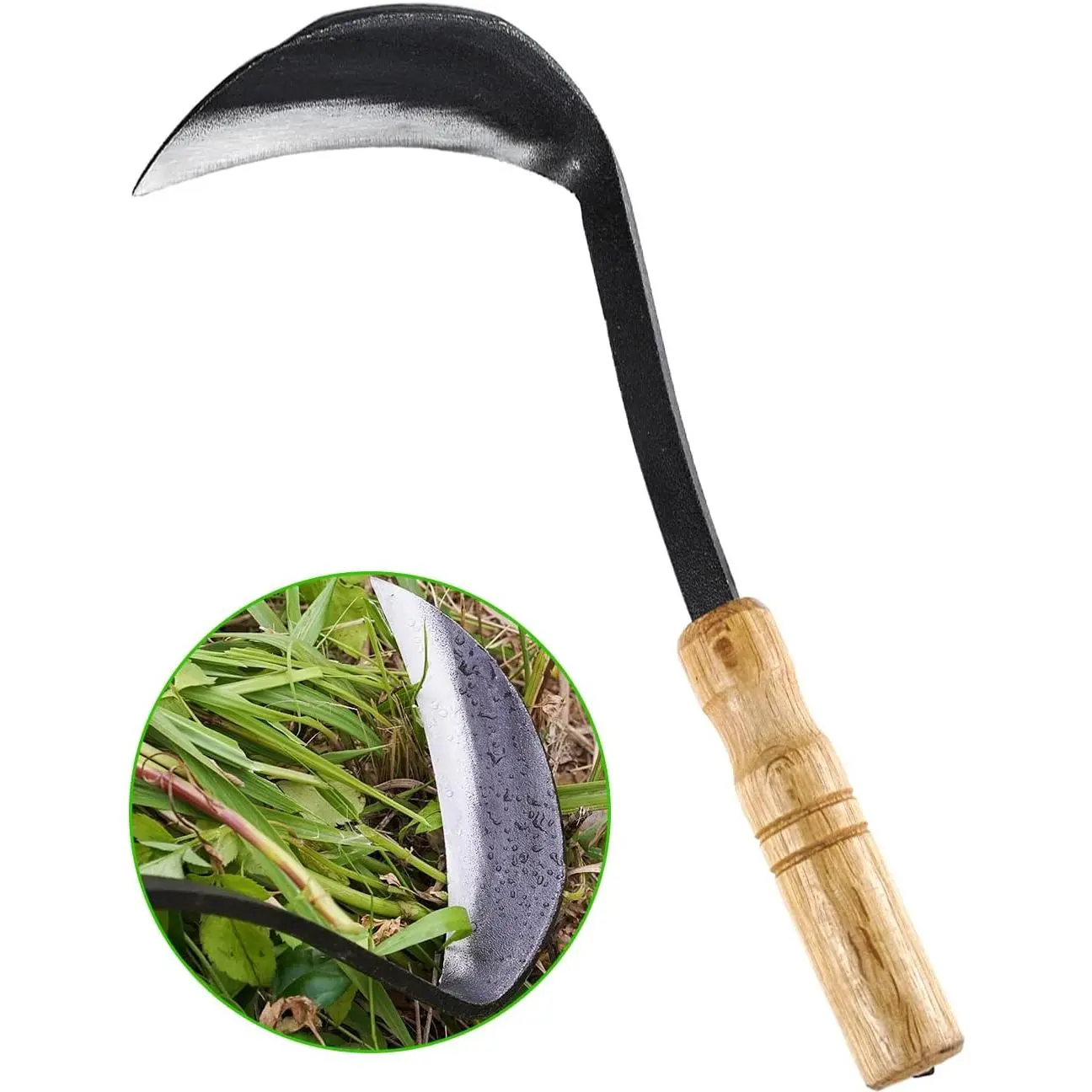 Quesear Swiilpo TOYPOPOR Japanese Nejiri Kama Hand Weeder Sickle Hoe, 11in Wood Handle Tool, 4.3in High-Carbon Steel 1-Piece Blade, 0.37lbs, Sickle Sharpening Stone Included, Sharp & Easy to Use