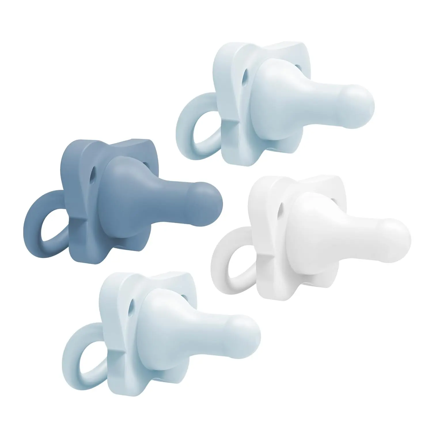 Silicone Baby Pacifier, Contoured One-Piece Design, Light-Blue, Blue, White, 0-6m, BPA-Free, 4-Pack