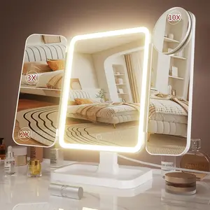 Portable LED Light Makeup Mirror, Lighted Makeup Mirror, Mirror with Lights, Led Lit Mirror, 3-fold Foldable Rechargeable Mirror with 2x 3x & 10x Magnification, Touch Control Mirror for Travel & Bedroom Use, Rechargeable Trifold Mirror