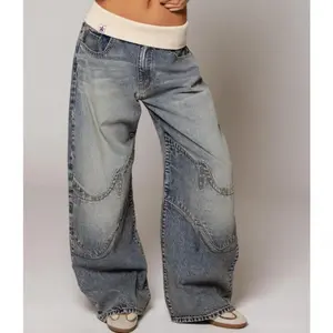 Women's Baggy Denim Jeans - Retro Streetwear Clothing, High-Waisted Washed Blue Women's Clothes, Y2K Distressed Straight Casual Bottoms with Pockets for Ladies Womenswear