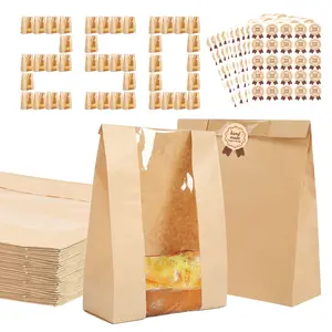 250-Pack Bakery Bags with Window & Thank You Stickers | 13.7x8.2x3.5 Inch Bread Bags for Gifting | Greaseproof, Leakproof Kraft Paper Bags for Homemade Bread, Pastries, Cookies | for Bakery, Party, We