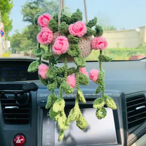 OnEternal Crochet Rose Car Hanging Ornament, Car Rearview Mirror Hanging Plant Decoration, Car Interior Decoration Accessories for Women & Girls, Car Interior Decorative