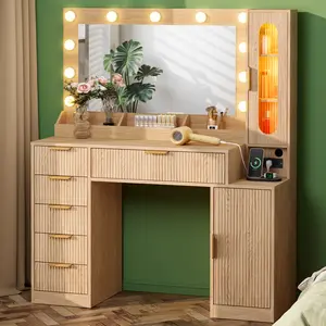 Natural Oak Wood Makeup Vanity Desk, 31.4" Large Mirror, Sound-Sync RGB Lights, 6 Drawers, 2 Cabinets, 3 Compartments, Charging Station - Bedroom Indoor Furniture - Ships in 2 Boxes
