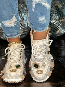 Women's New Full Diamond Durian Sole Casual Walking Shoes, Chessboard Pattern, Luxurious Fashion Dad Sneakers, All Seasons, PU Material