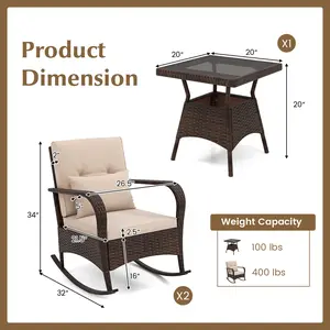 COSTWAY - 3 Piece Outdoor Rocking Set with Tempered Glass Coffee Table for Backyard Poolside-Brown