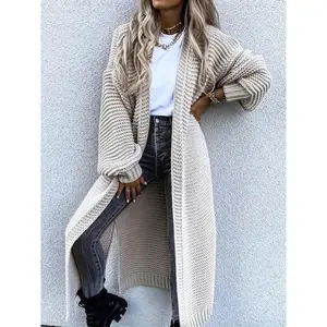 Women's Solid Color Drop Shoulder Split Hem Long Cardigan, Casual Long Sleeve Open Front Knitwear for Fall & Winter, Fashion Women's Knit Clothing for Daily Wear
