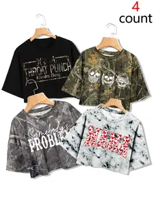 Women's 4-Pack Summer Western Style Crop T-Shirts, Cherry/ Bull Head/ Skull Prints, Loose Fit, Y2K Retro, Versatile Fashion Top