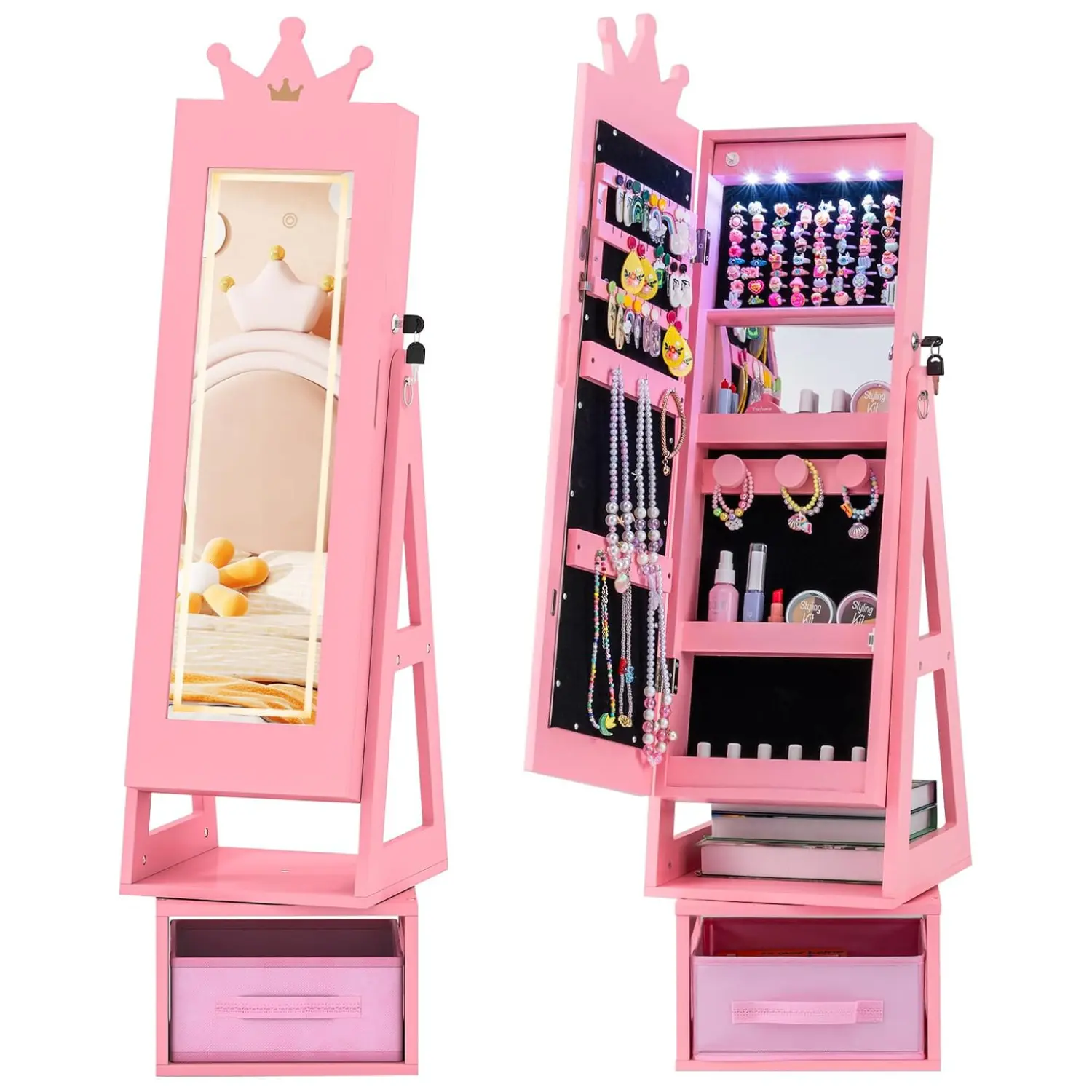 [Costway]-  Kids Jewelry Armoire Cabinet, Wooden Standing Jewelry Organizer with Full-length Mirror and Storage Drawers, gifts birthday,Christmas Festival Gift Black Friday Cyber Monday