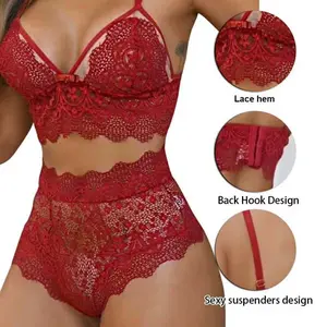 2 Piece Lace Ensemble Lingerie Bra and Panty Sets with Lace Hem Back Hook Design & Sexy Suspenders for Women