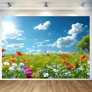 Park Scene Backdrop Cloth - Floral Designs, Grassy Field, Blue Sky, White Clouds, Spring Theme, Wall Hanging Tapestry, Home Decor Supplies, Photo Studio Use