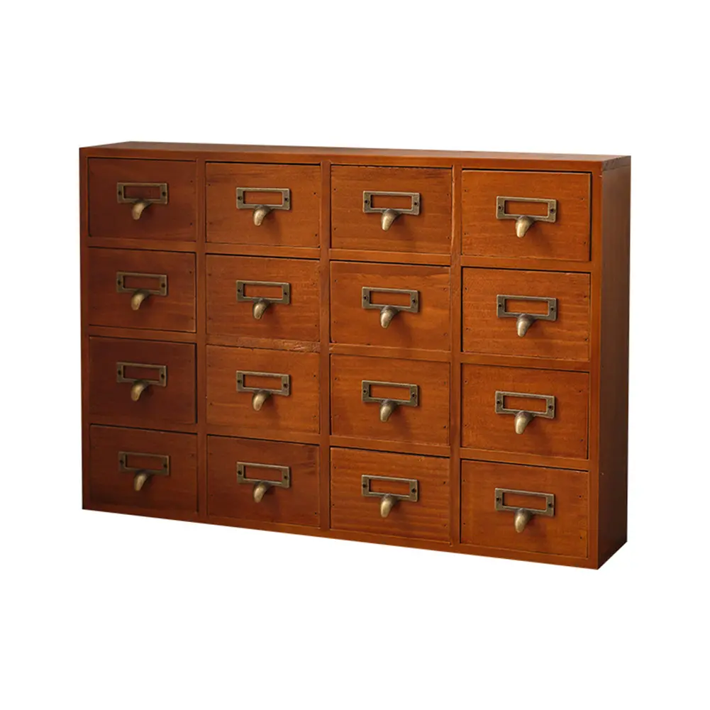 16-Drawer Rustic Wood Apothecary Cabinet - Home Office Furniture, Space-Saving Storage Organizer with Label Slots, Drawer-Equipped Bookshelf, 19.6x3.94x13.78in for Home Office, Bathroom Decoration, Traditional Style, Bookshelf With Drawers