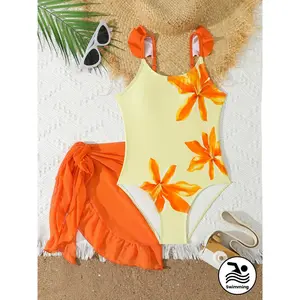 Tween Girls Floral Printed 1pc Swimsuit, Elevated Style for Summer Holiday & Beach Tween Girl Swimsuit Orange Swimsuit Swimsuits for Tweens Tween Girl Ruffle Swimsuit Tween Swimwear with Sarong Beach Dress