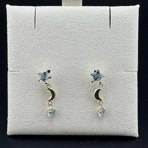 14k Gold Earrings, blue Star and Moon Design, Kenia Collection Fine Jewelry