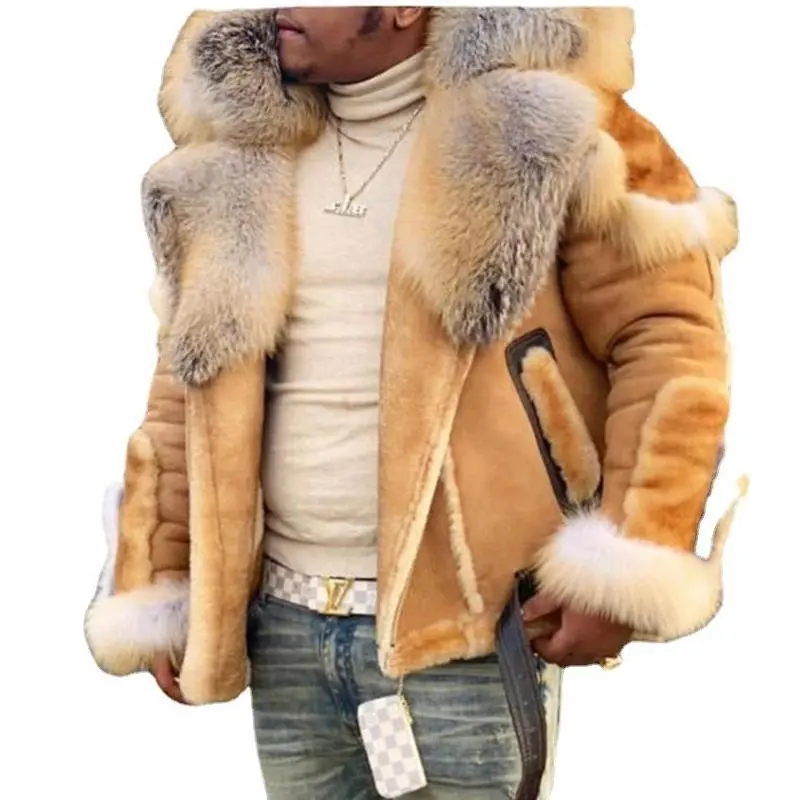 1.1High-Quality Material Upgrade Thickened Men's Faux Leather Velvet Large Fur Collar Long Sleeve Jacket