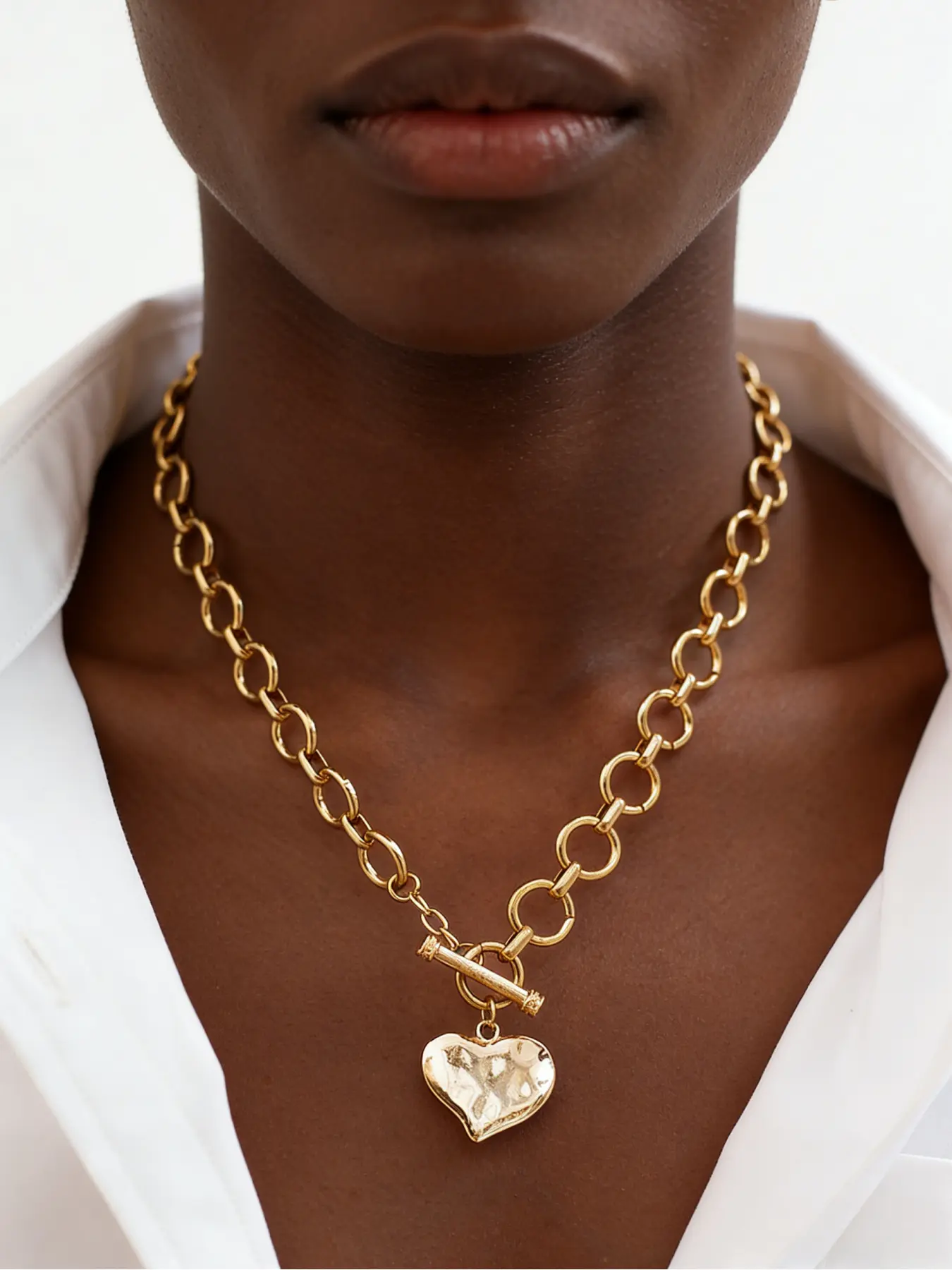 18K Gold Plated Hammered Heart Toggle Necklace for Women, Chunky Stainless Steel Chain with OT Clasp, Minimalist Statement Necklace Available in Gold & Silver, Perfect for Daily Wear, Party & Gift Giving, Heart Shaped Necklace, Accessory Necklace