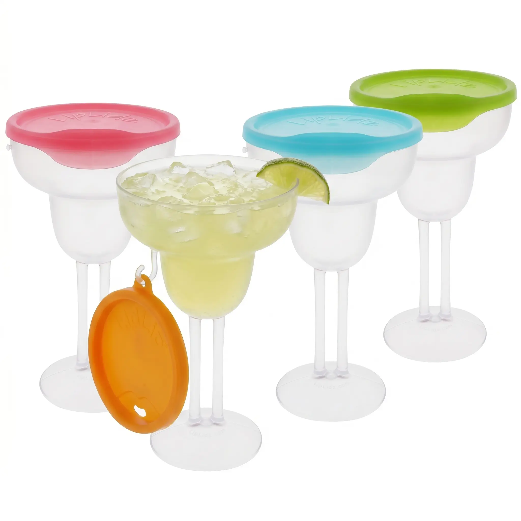 Plastic Margarita Glasses with Drink-Through Lid, 4 Pack, 13.5 oz Dual-Stemmed BPA-Free Plastic Drinkware Shatterproof, Made in USA