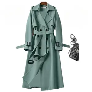 Plus size women's mid length trench coat 2025 Spring and Autumn over knee trench coat women's solid color elegant notch lapel double row buckle with trench coat women's jacket top black green light style