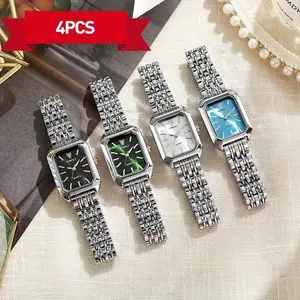 4-Piece Silver Women’s Watch Set Stainless Steel Bracelet Women’s Watch Casual Fashion Minimalist Square Quartz Watch