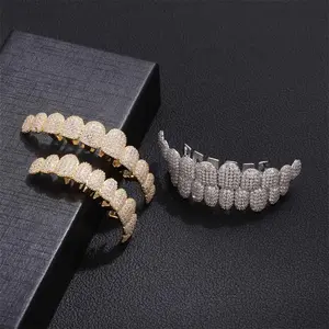 Super Shiny Bling Zirconia Teeth Grillz Set Iced Out 14K Gold Plated Copper Hip Hop Grillz Removable Mouth Jewelry for Men Women