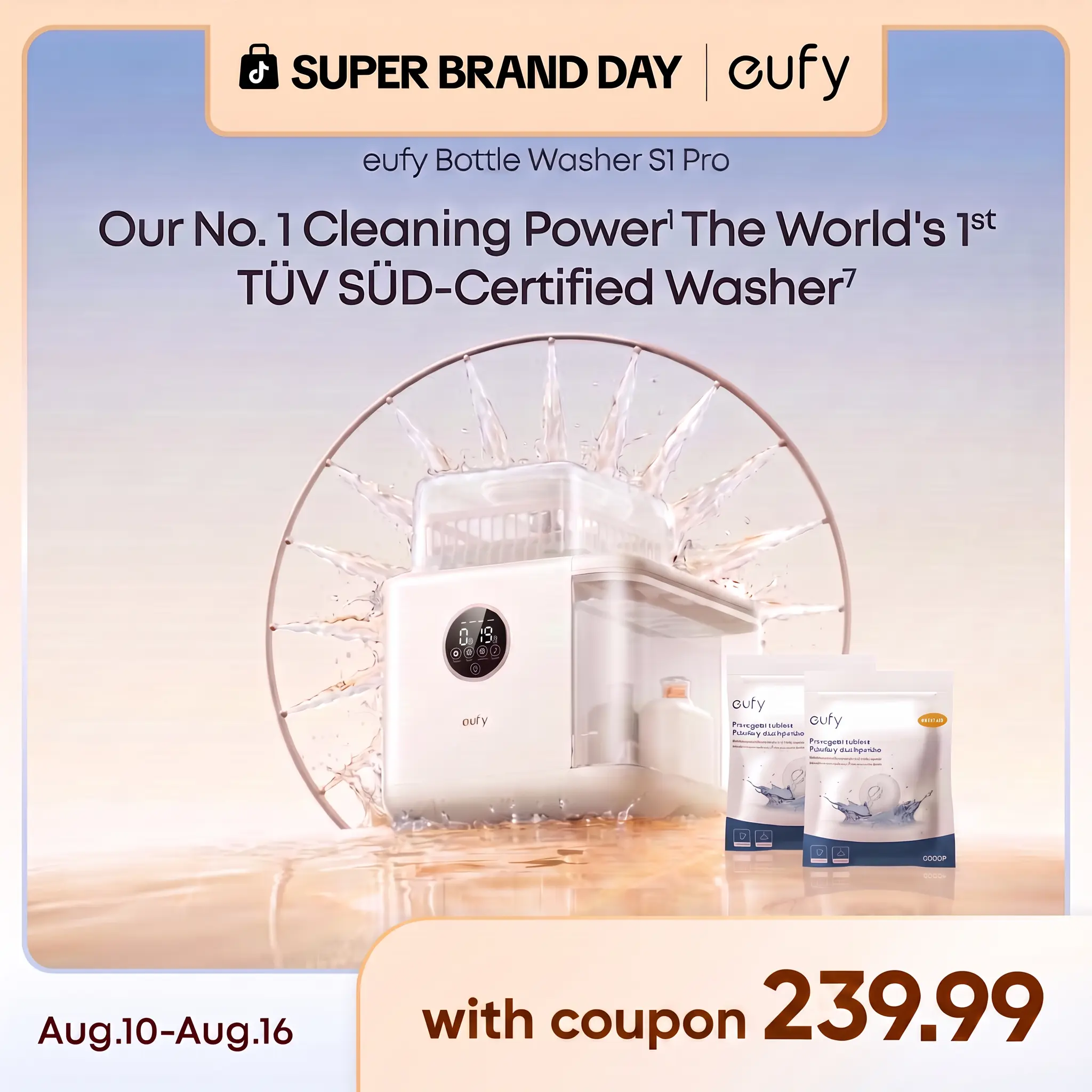 eufy Bottle Washer S1 Pro & Bottle Washer S1,  Built-in Water Softener, All-in-One 3D HydroBlast Washer, 212°F Steam Sterilizer & Thoroughly Fast Dryer, Largest 10-Bottle Capacity, Smart App Control, Hands-Free.