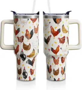 Chicken Gifts Cup for Women Men, Rooster 40oz Tumbler with Handle and Straw, Chickens Lover Stainless Steel Water Bottle Mug (1PC)