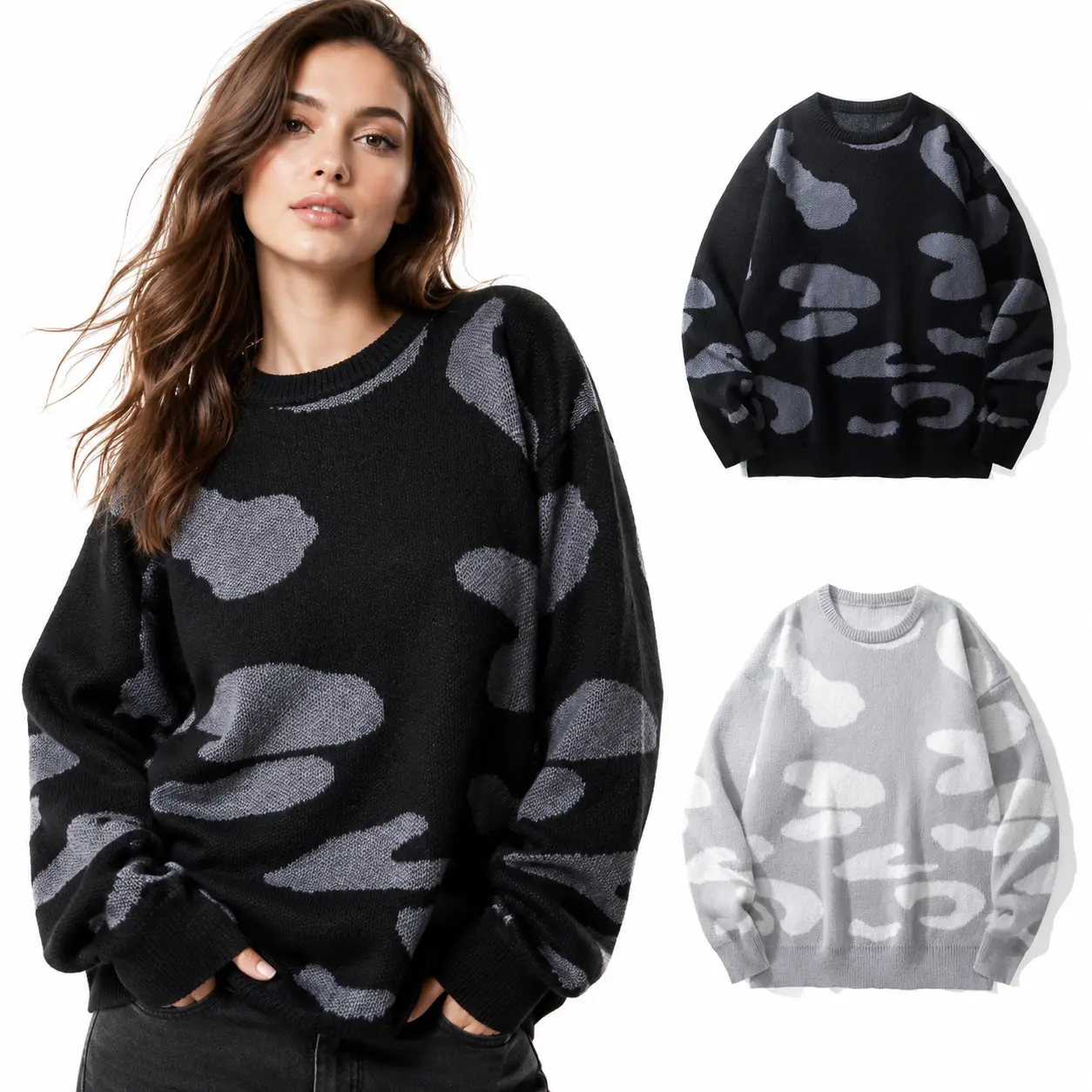 Women's Round Neck Abstract Cloud Camo Print Knitwear Pullover - Oversized Baggy Loose Fit, Longsleeves, Soft Minimal Blotch Graphic, Warm Layering Top for Fall Winter Casual Streetwear, Style, Sweater, Long Sleeves, Piece, Halloween, Athletic