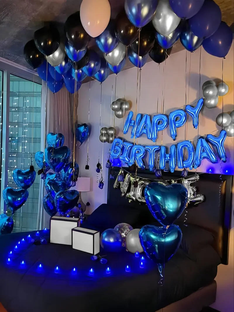 Blue Birthday Party Decorations Set – Blue Happy Birthday Balloon Banner, Latex & Heart Foil Balloons, Elegant Blue Theme Birthday Decor for Men & Women