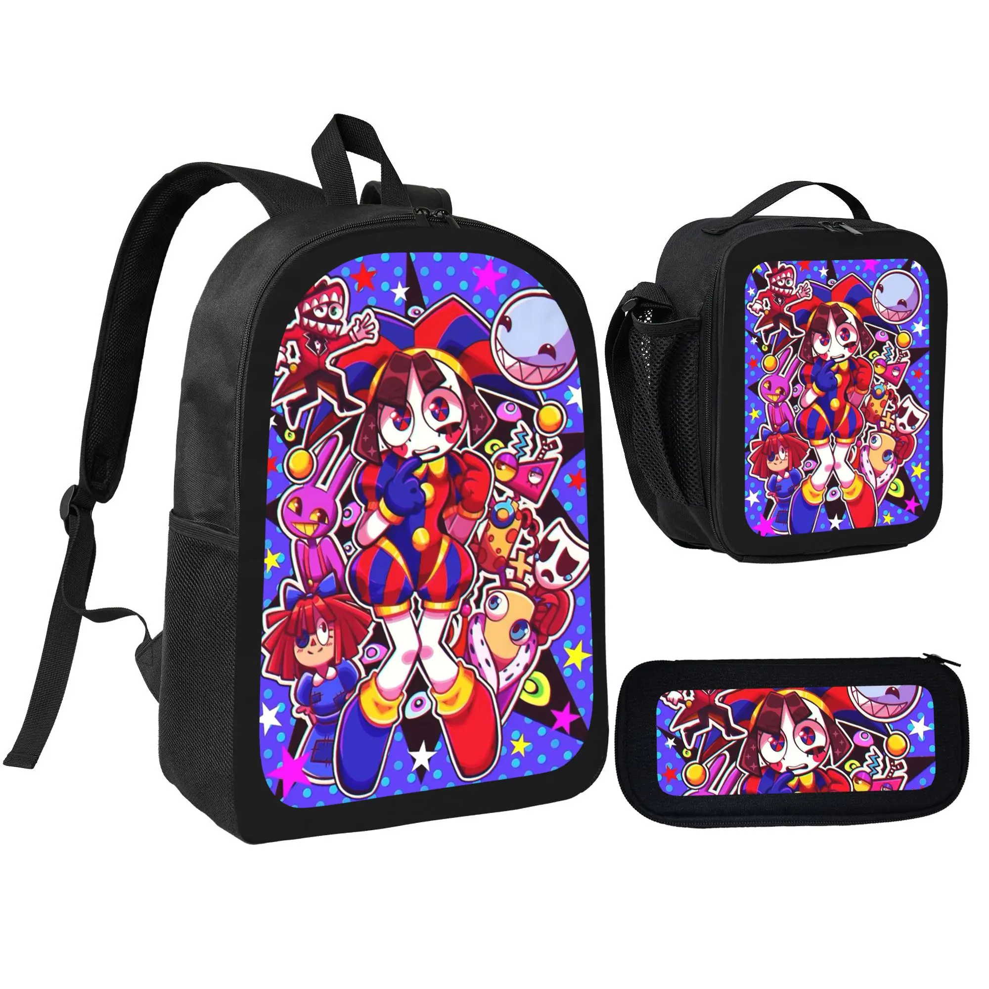 The Amazing Digital Circus Cartoon Lover Gift Backpack Set, 3 in 1 Durable Printed School Bag with Insulated Lunch Carrier and Pencil Pouch, Adjustable Lightweight Travel Bookbag for Kids Students Teens