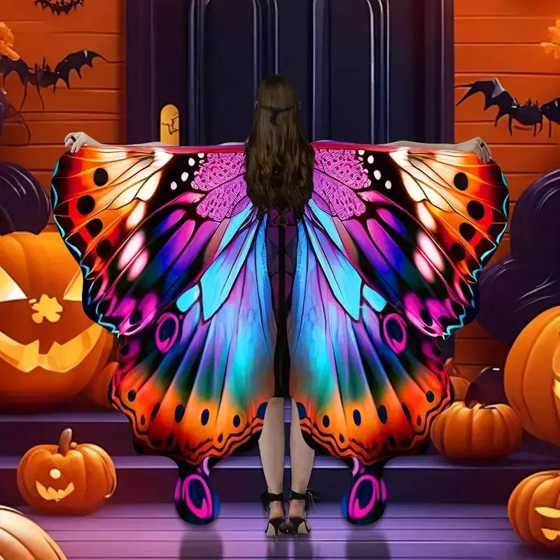 Women's Vibrant Lightweight Butterfly Wing Cape Costume, Colorful Polyester Butterfly Design with Mask & Headband, Perfect for Halloween & Parties