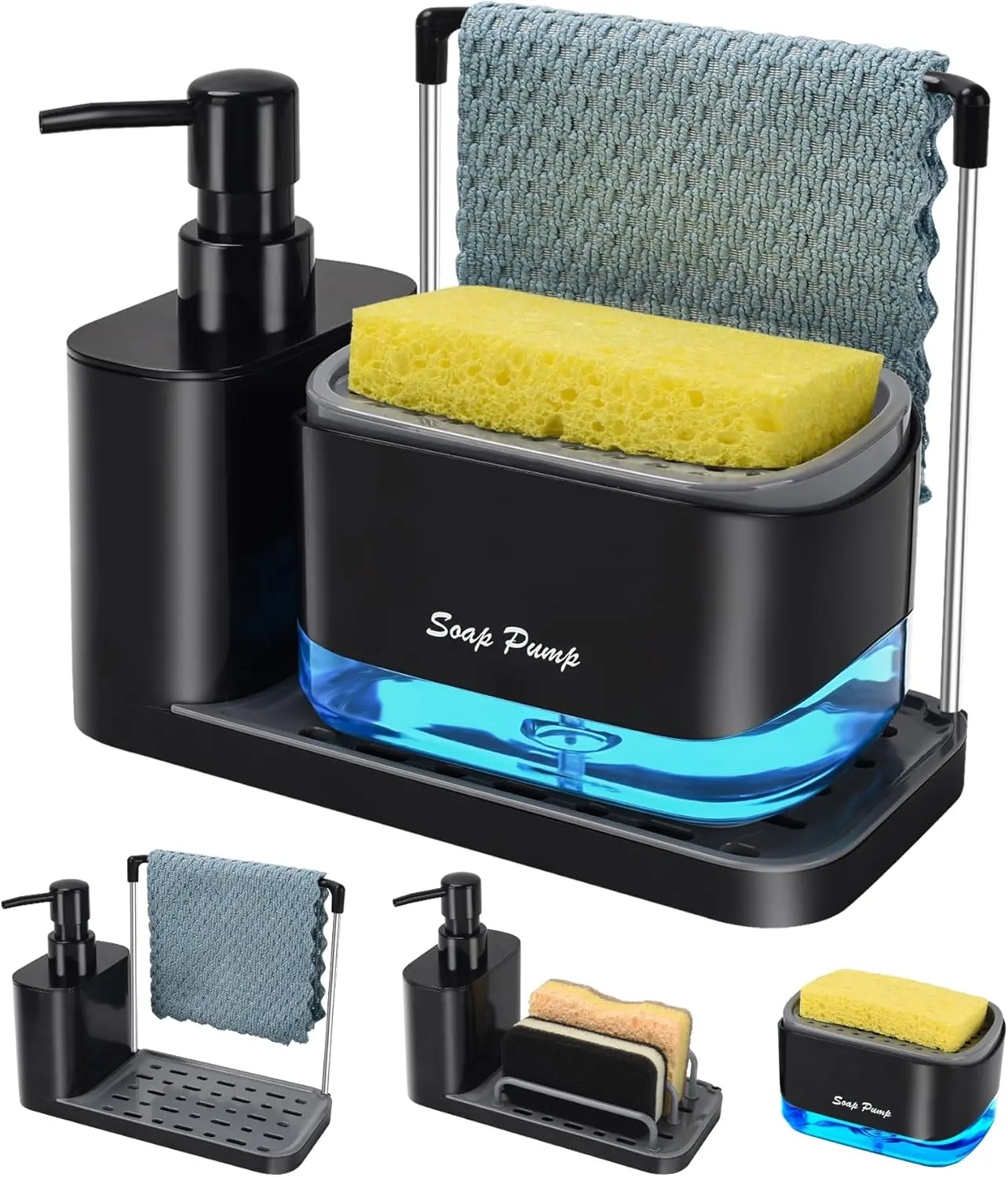 5-in-1 Black Sturdy Transparent Leak-Proof Press Pump Dishwashing Dispenser Set - Removable ABS Tray, Dual Hand Soap Container Bottle, Hollow Sponge & Dishcloth Holders for Kitchen Sink Countertop Cleaning Storage
