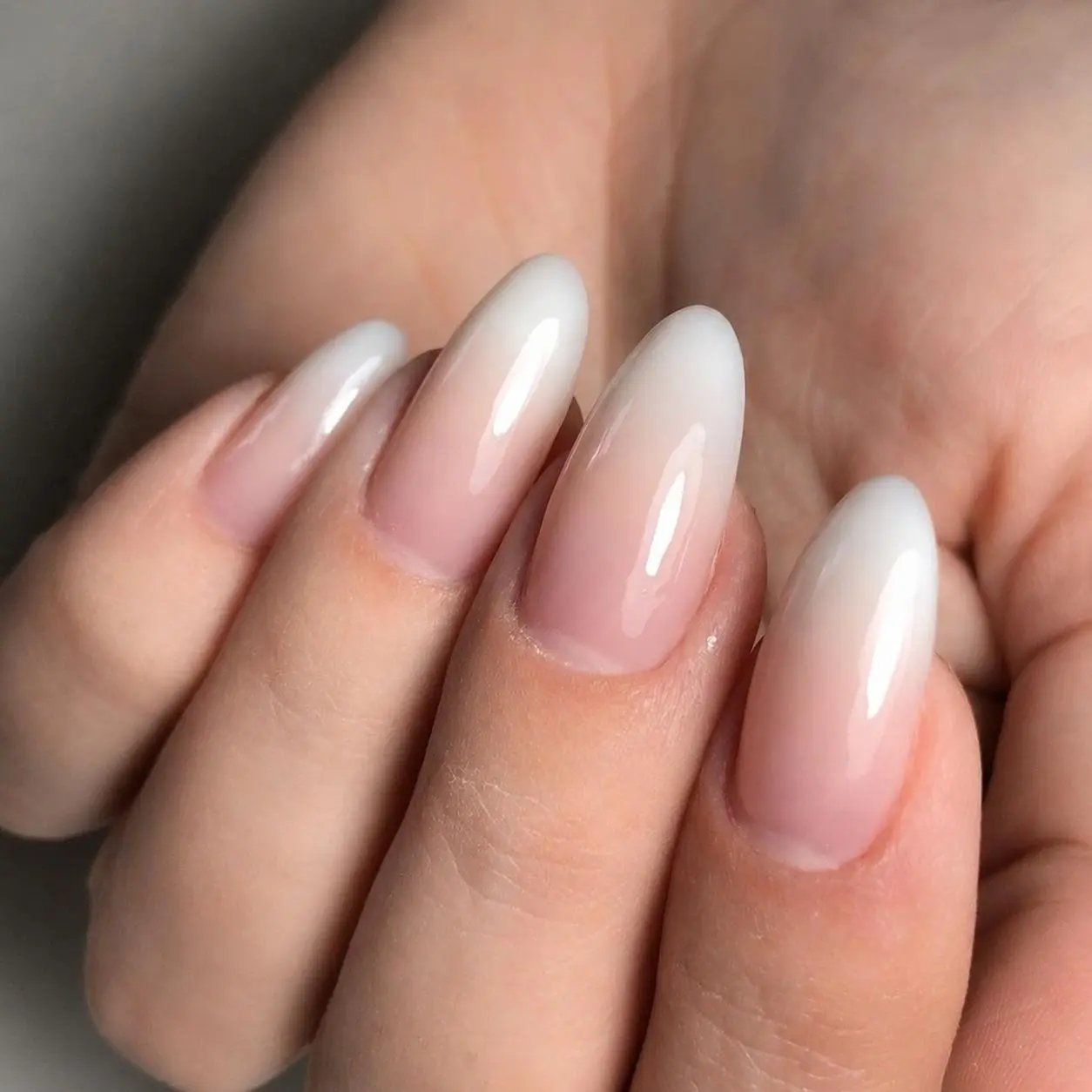 Milky White Ombre Baby Boomer Press On Nails 24 pcs Pointed Almond, Soft Glossy French Gradient Fake Nails with Nail Glue, Adhesive Tabs & Nail File, Clean Girl Bridal Wedding Office Date Night Stick On Nails