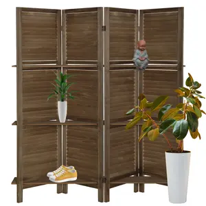 Ecomex 4-Panel Adjustable Wood Foldable Room Divider Screen with Display Shelves, 5.6 ft Tall Brown Freestanding Room Partitions, Modern Home Furniture Decor Item, Adjustable Room Divider