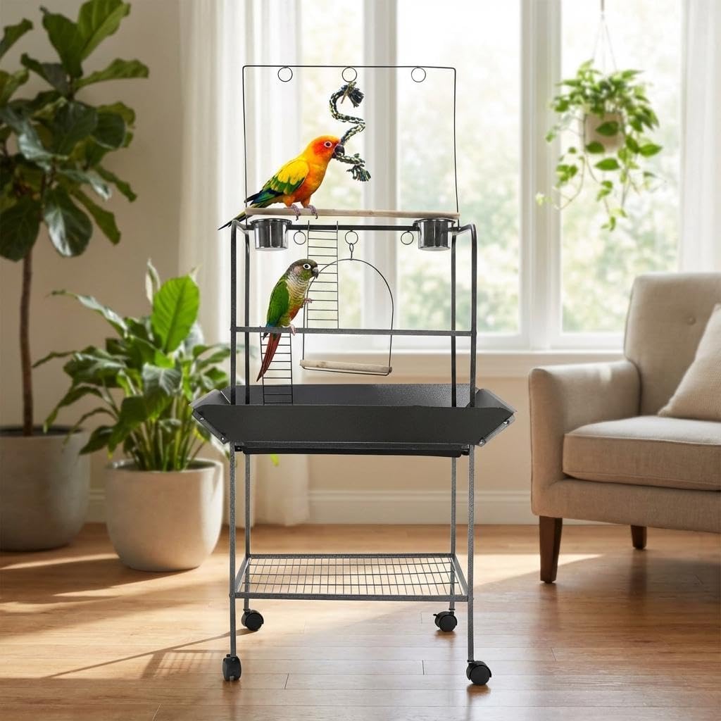 Bird PlayStand, 62 Inch Parrot Stand with Wheels, Bird Stand Activity Play Center with Perches and Ladders, Indoor Outdoor Playground with Swing for Parakeet, Cockatiels Conures Macaw