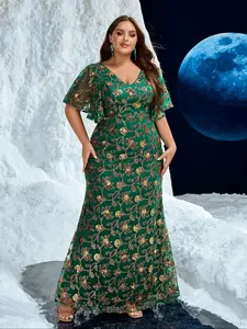 Elegant Evening Dress with V Neck Lace Sleeves, Rhinestone Embroidery, Random Cut Design, Sophisticated Party Gown