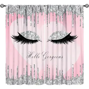 Fashion Girls Eyelash Blackout Curtains Pink Charming Eyes Abstract Art Printed Window Drapes for Girls Bedroom Decor Fabric 2 Panel