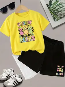 Easter Girl Chilln with My Peeps Rabbit Print Short Sleeve Shorts Set, Casual Fashion Set, Casual Outfit Set, Trendy Casual All Season, Stylish Fitted Tee