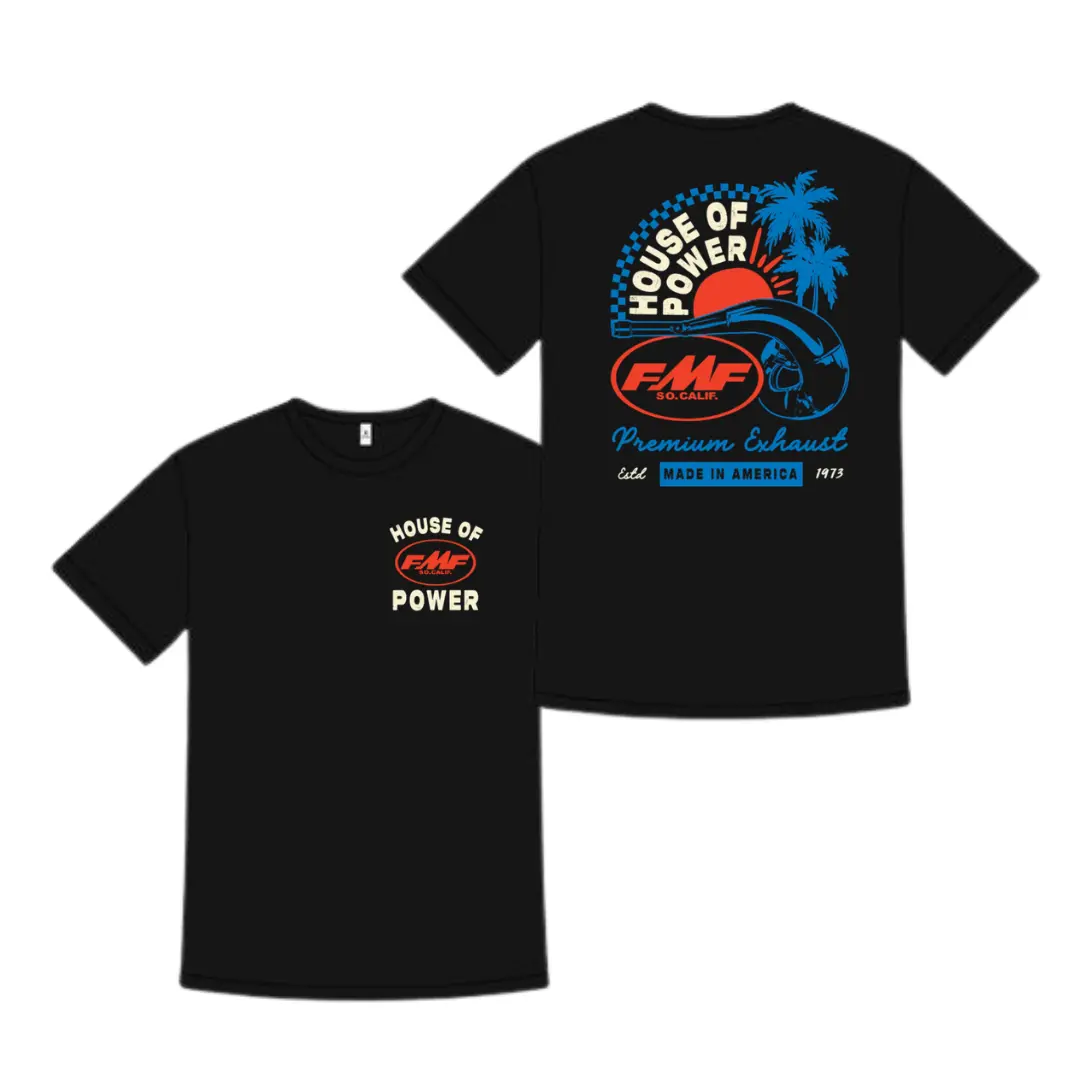 Dual Sided FMF House Of Power Sunset Palm Tree Motocross Graphic Tee Back to School Dirt Bike Off Road Racing Fan Gift 100% Cotton 180g Unisex Crew Neck Short Sleeve Casual Streetwear T-Shirt