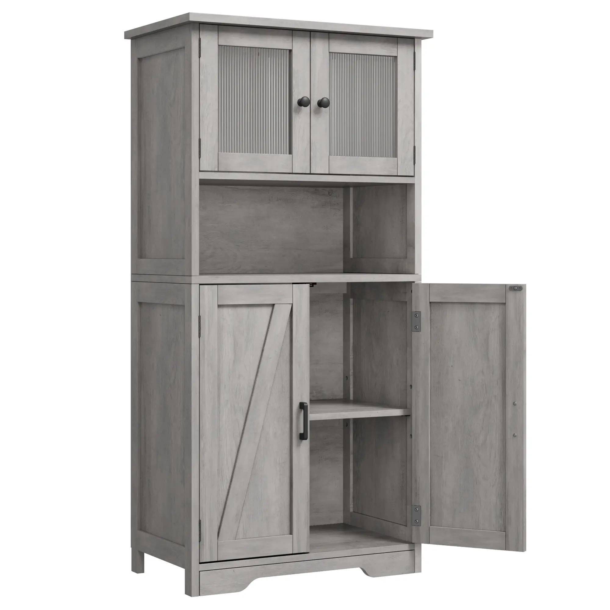 67-Inch Tall Modern Rectangular Freestanding Storage Buffet Cabinet - 3-Tier Dustproof 4-Door Tall Cupboard with Adjustable Tiered Shelves, Frosted Glass, Wide Handles for Living Room Indoor Furniture, Adjustable Organizer Kitchen Furniture