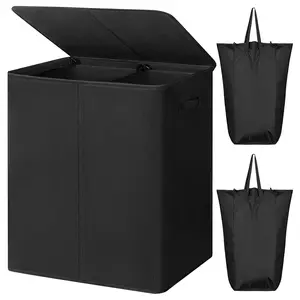 154L Extra Large Dual Compartment Laundry Clothes Storage Basket with Lid and Handles, Detachable Bags, Foldable Design for Bedroom Bathroom Dormitory Use