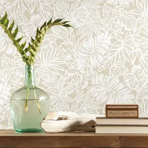 RoomMates Batik Tropical Leaf Peel & Stick Wallpaper Beige