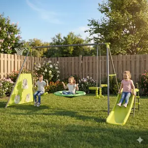 6-Function Multi-Play Kids Swing Set with Toddler Slide, ARCH XNS052 Green & Blue Metal-Plastic Safe Outdoor Play Equipment, 440lbs Capacity, 31.5in Net Swing, for Ages 3+ Outdoor Stuff for Kids