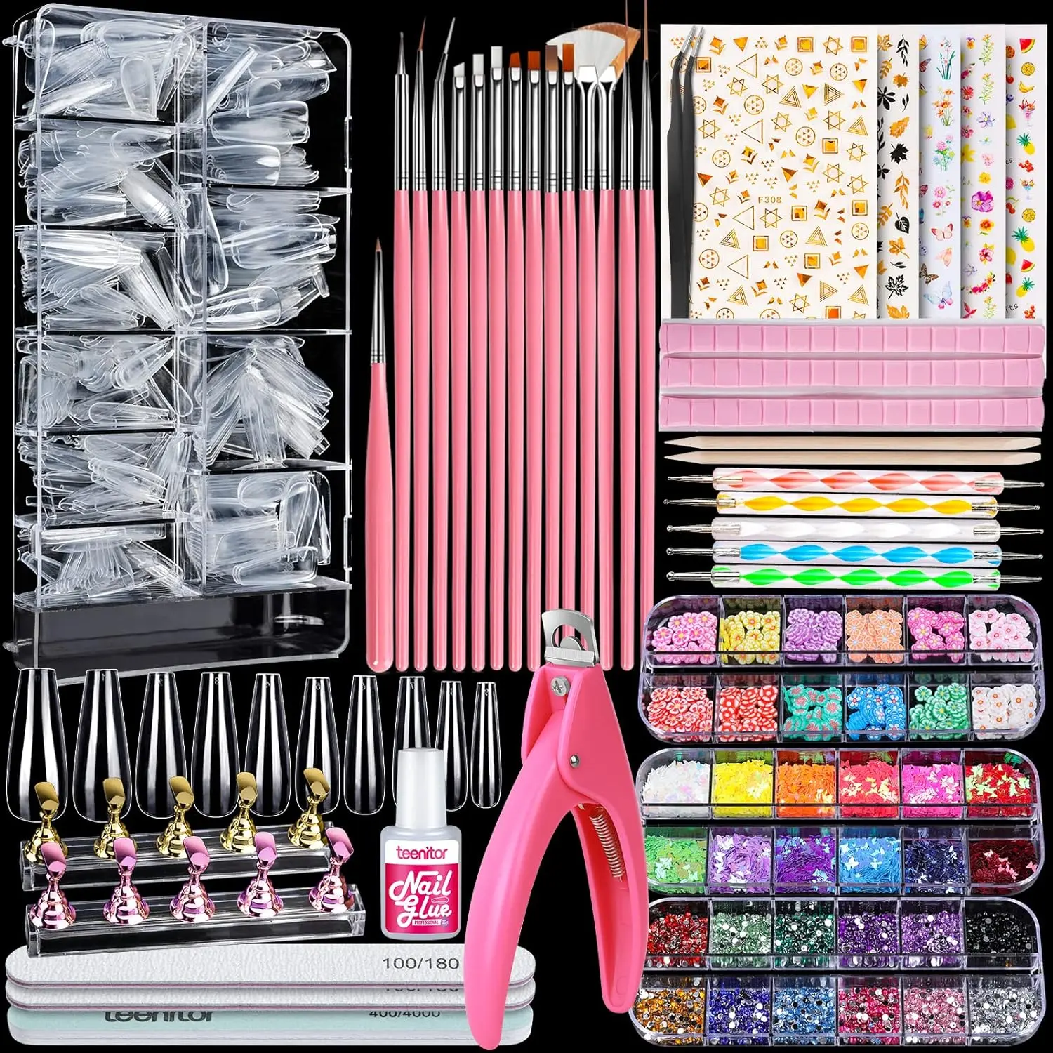 Acrylic Nails Kit, Press On Nail Supplies with Clear Coffin Nail Tips Nail Stand Nail Art Brushes Dotting Pen Glitter Sequins Sticker Rhinestones Nail Decorations Press On Nails Kit