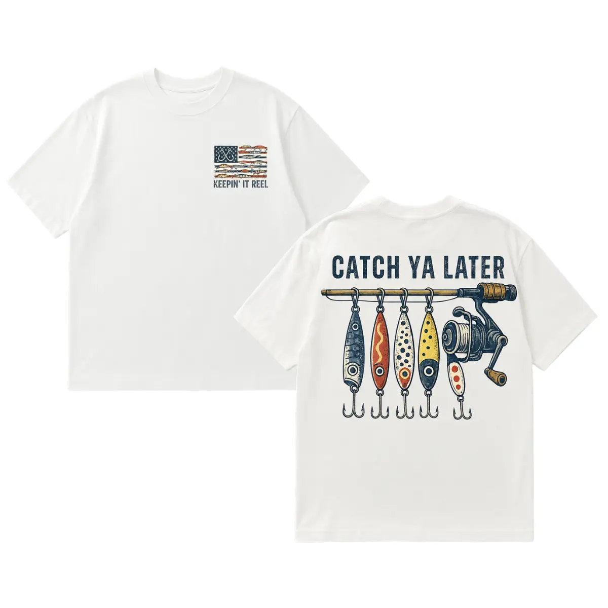 Men's Classic Cotton Short-Sleeve Seamless Casual Vintage Fishing T-Shirt - Funny Fisherman Graphic, American Flag Lure, Front Chest & Back Print, Dad Gift