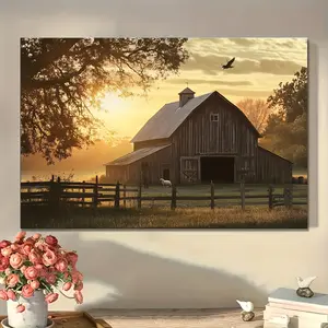 Rustic Farmhouse Canvas Wall Art Print, Vintage Barn with Weathered Wood and Old Metal Roof, Art Deco Style Wrapped Canvas Frame, for Living Room, Bedroom, Home Office, Kitchen, Classroom Decor, Large Canvas Wall Art