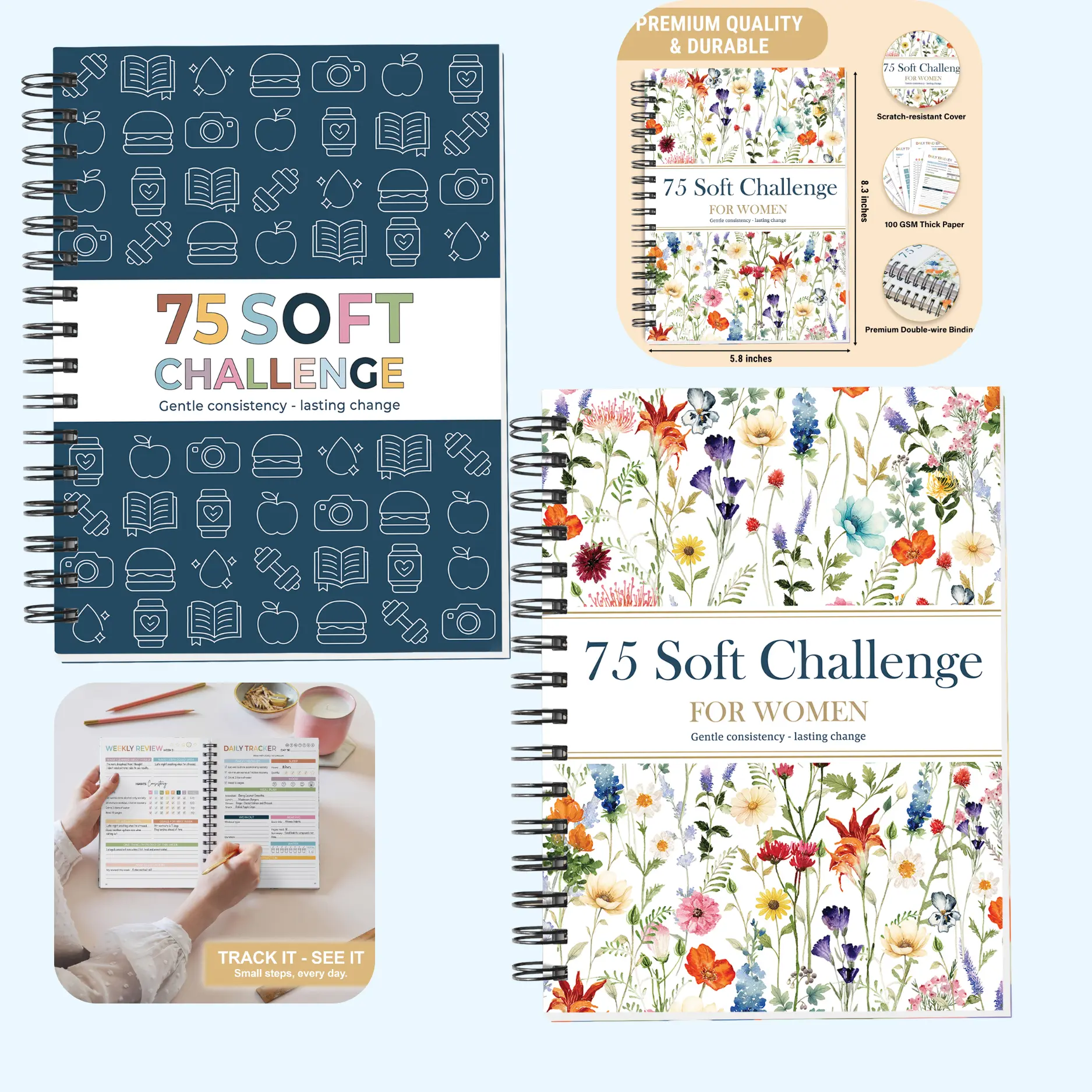 75 Soft Challenge Wellness Journal for Women - Guided Portable Diary for Daily Habit & Hydration Tracking, Lay-Flat Double Wire Binding, 100 GSM Paper, 2026 Edition, Notebook Planner, Habit Tracker, Gentle Consistency, Lay-Flat Bind