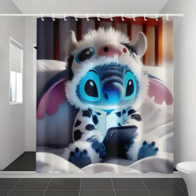 Disney Classic Stitch Cow Print Fun Shower Curtain Set, 12 Hooks Included, Blue & White Design, Quick-Dry Fabric, Soft Polyester Feels Gentle on Skin, Less Mess, Bathroom Decoration Accessories for Holiday Use, Quick-Dry Fabric, Less Mess